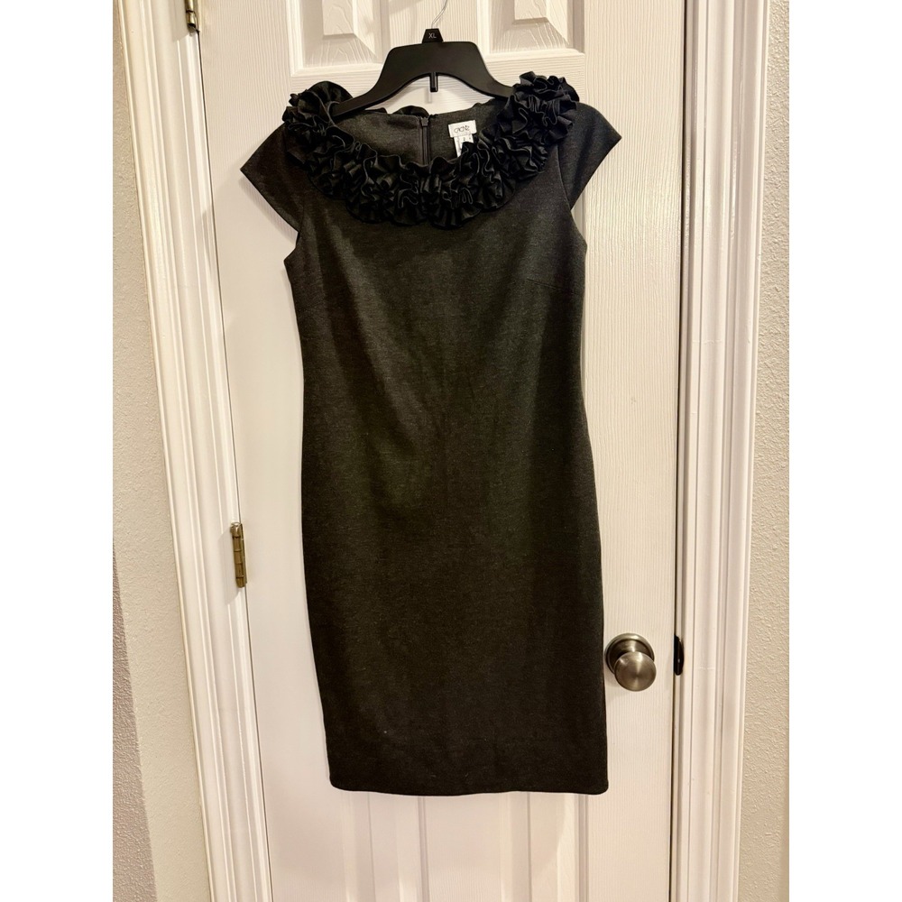 Cache Sz 2 Black Solid Knit Sheath Dress Ruffle Neck Cap Sleeve Knee Length